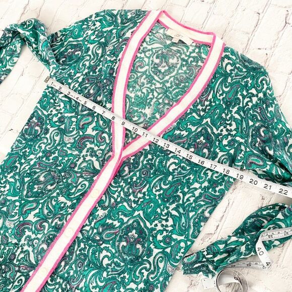 LOFT Green Pink Paisley Ramie V Neck Button Front Sheer Long Sleeve Cardigan M - Picture 8 of 12